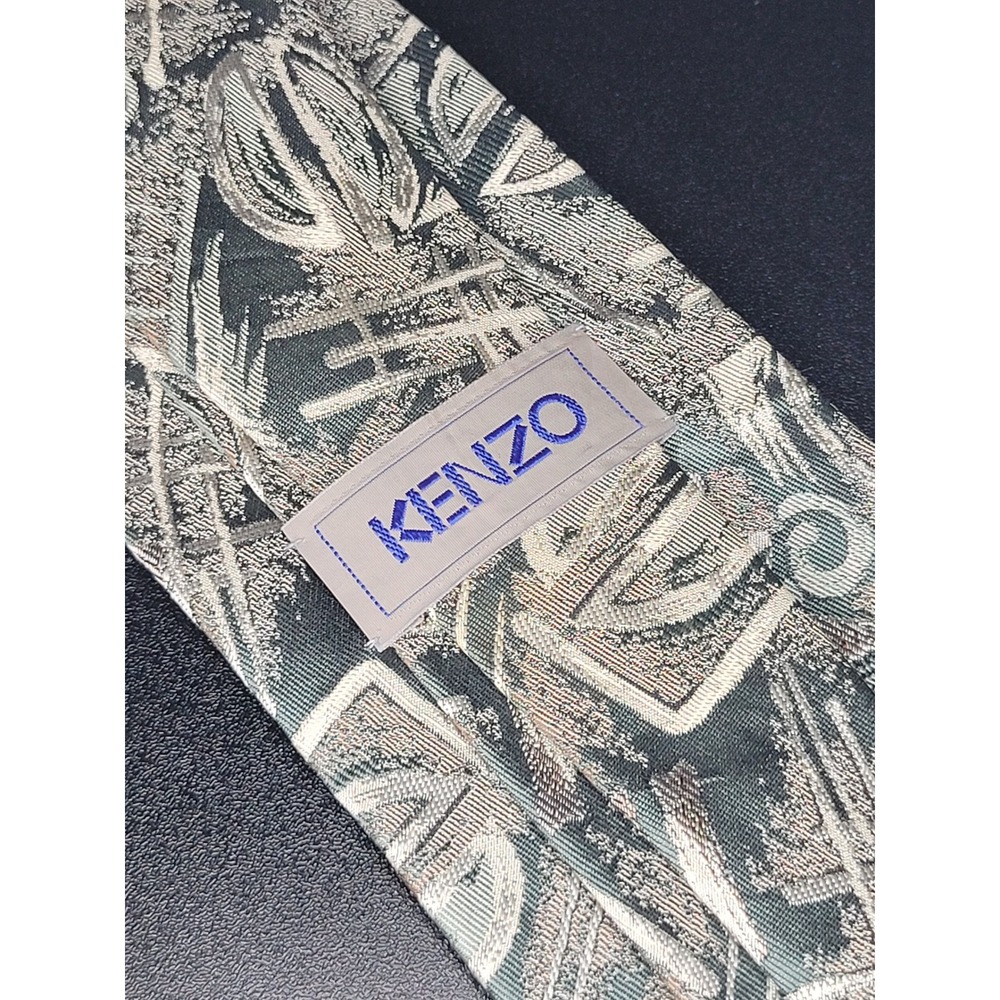 Kenzo Tie Green Grey Cream Abstract Geometric Woven Pattern Excellent